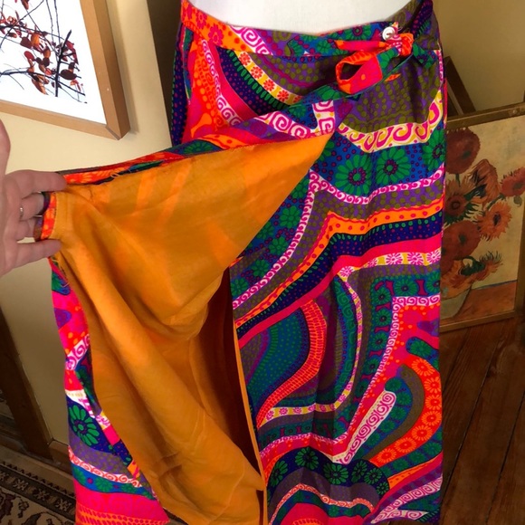 ❌Sold❌VINTAGE 60s Leslie Fay 5th Ave NYC GROOVY Wrap Tie Maxi Skirt Vivid Swirl - Picture 9 of 16